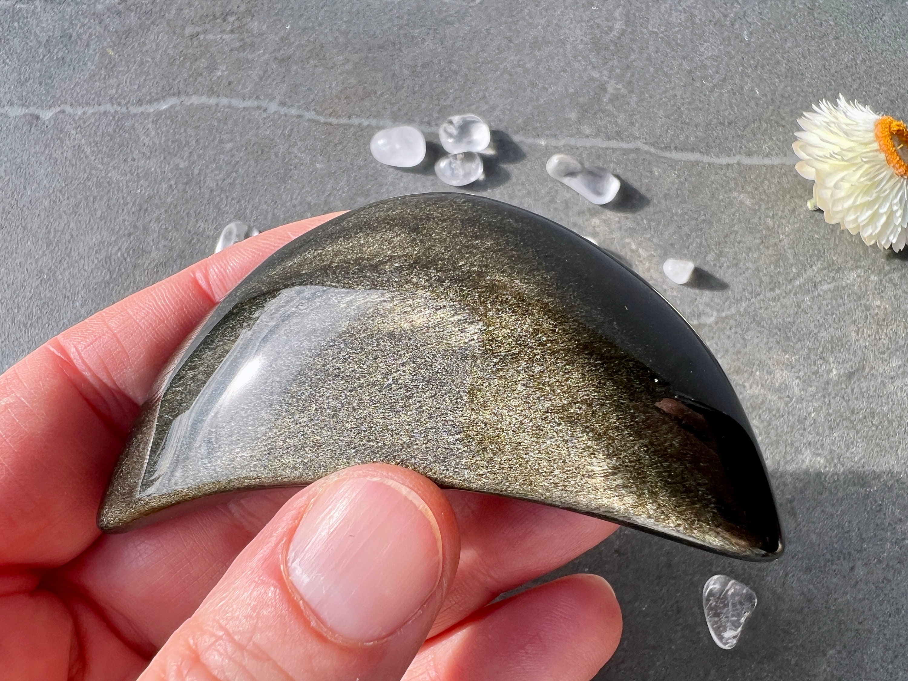 Golden Sheen Obsidian Moon 3 Inches Palm Stone For Grounding And Power