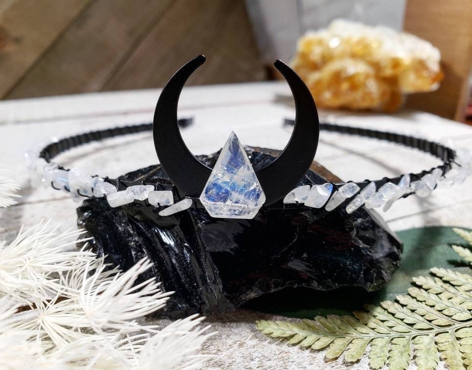 Gothic Celestial Crown - Dark Goddess Headpiece - Celestial Crystal Crown - Goth Bridal Crown - Nyx Greek Goddess - Moonstone Headpiece