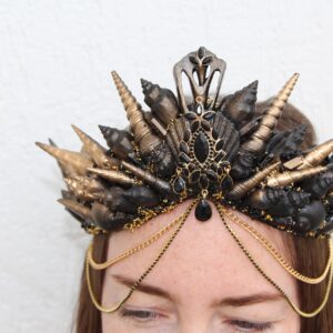 Gothic Mermaid crown adult. Gold Black crystal crown. Gothic headpiece. Festival burning man tiara.