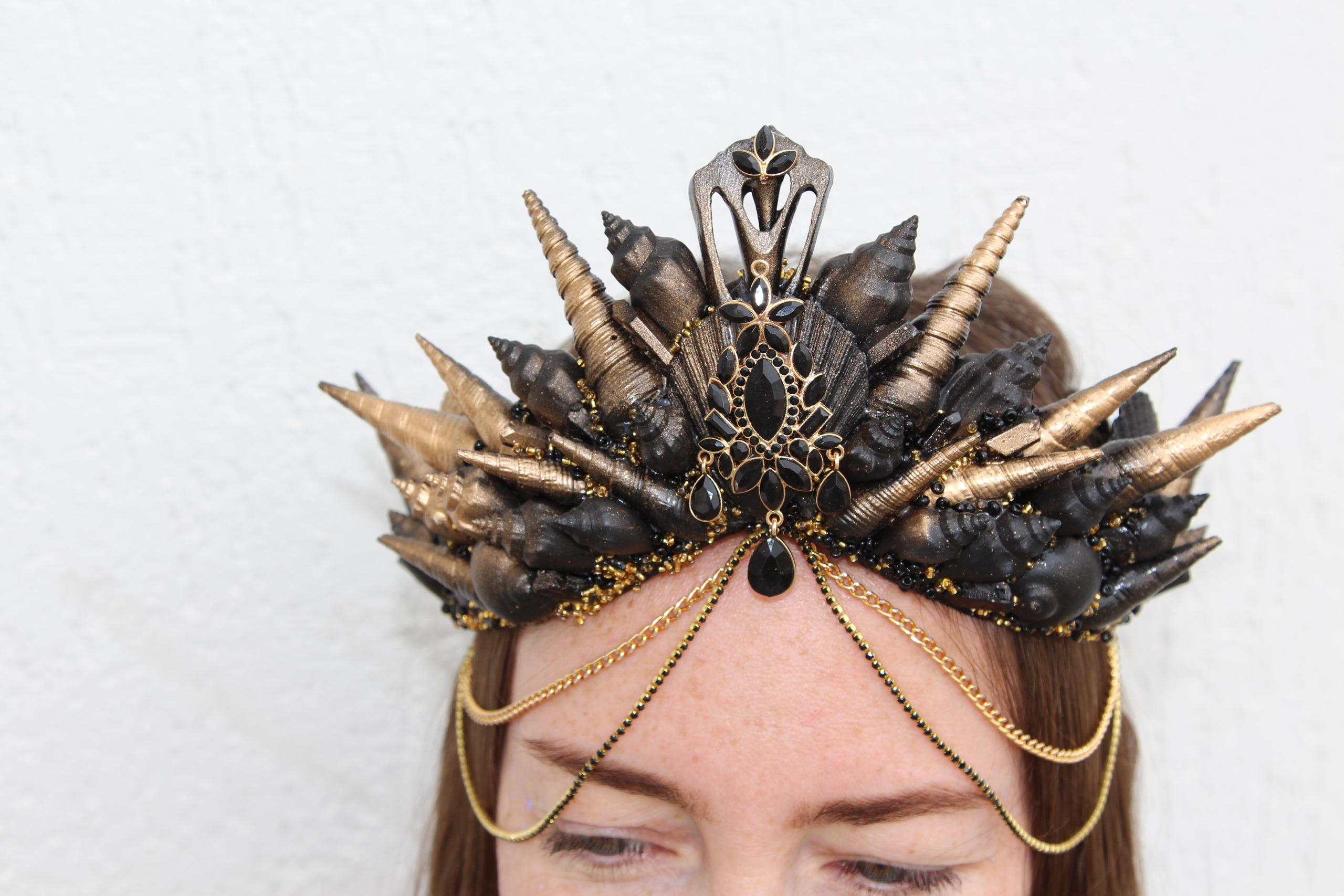 Gothic Mermaid Crown Adult. Gold Black Crystal Crown. Gothic Headpiece. Festival Burning Man Tiara.