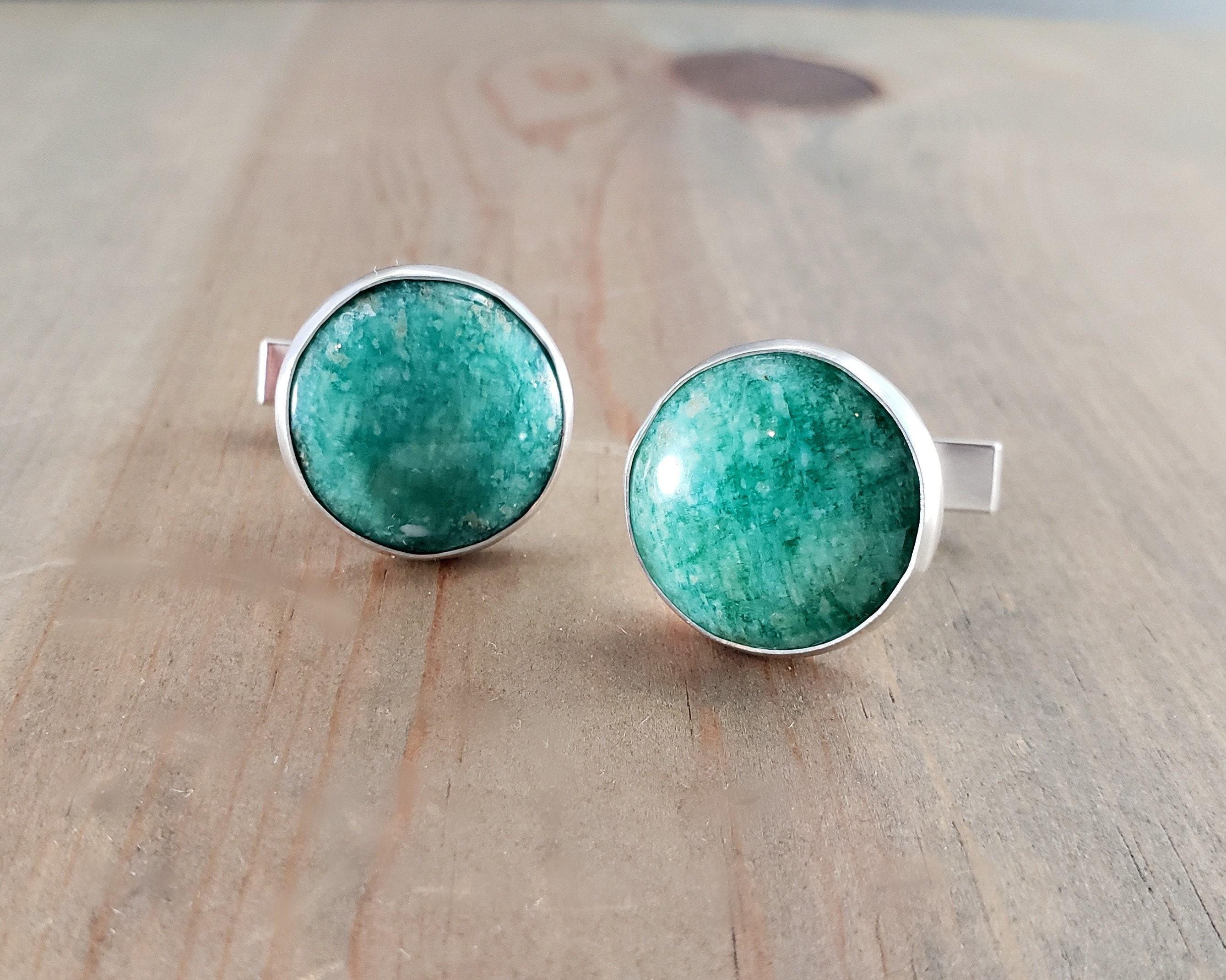 Green Amazonite Cufflinks, Sterling Silver Fixed Back Cuff Links, Handmade Men's Jewelry, Wedding Accessories, Gemstone Cufflinks For Him