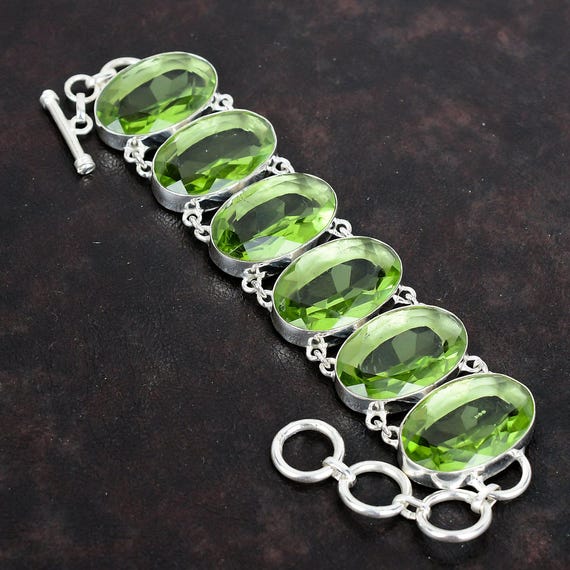 Faceted Green Amethyst Bracelet: Handmade 925 Sterling Silver, Adjustable Faceted Green Amethyst Bracelet: Handmade 925 Sterling Silver, Adjustable