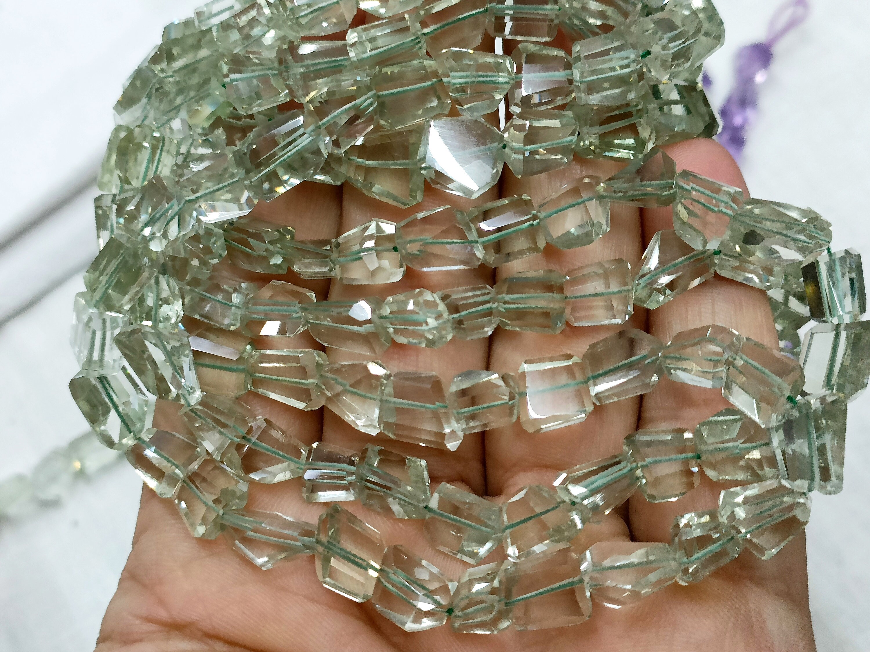 7 Inch Strand, Natural Green Amethyst Faceted Fancy Nuggets Shape Size 10-12mm