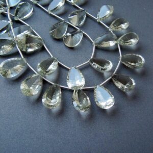 Green amethyst drops • 15-16mm • Diamond cut Concave pear • Pairs available • AAA micro faceted briolettes • Pale green • Natural prasiolite