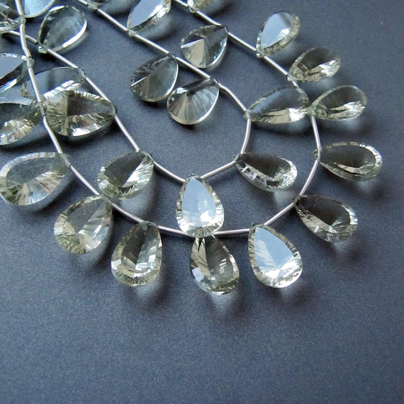 Green Amethyst Drops • 15-16mm • Diamond Cut Concave Pear • Pairs Available • Aaa Micro Faceted Briolettes • Pale Green • Natural Prasiolite Green Amethyst Drops • 15-16mm • Diamond Cut Concave Pear • Pairs Available • Aaa Micro Faceted Briolettes • Pale Green • Natural Prasiolite