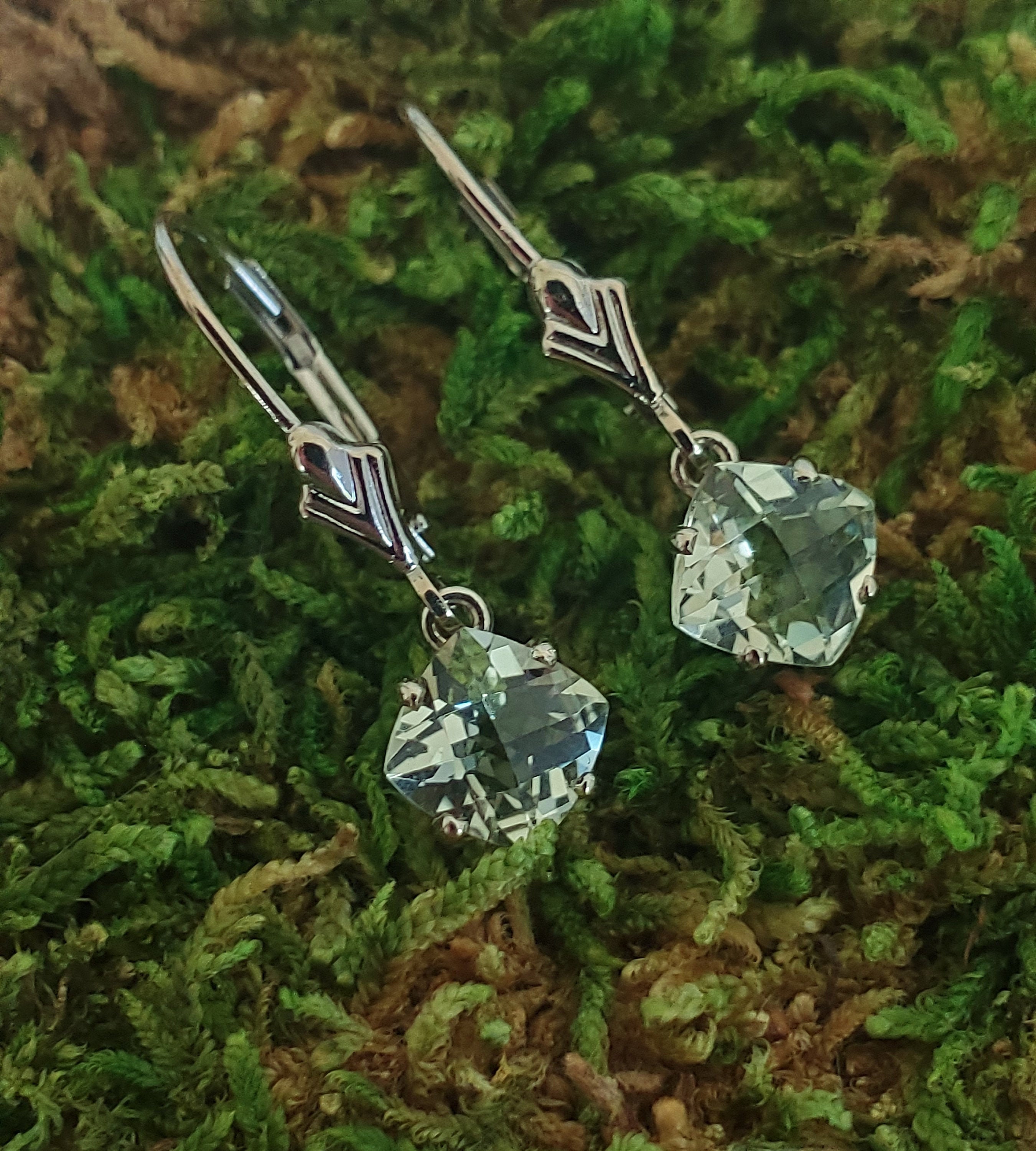 14kt White Gold Green 6mm Amethyst, Prasiolite, Dangle Earrings Vintage Look Antique Cushion Checkerboard Cut 6mm Earring Leverback