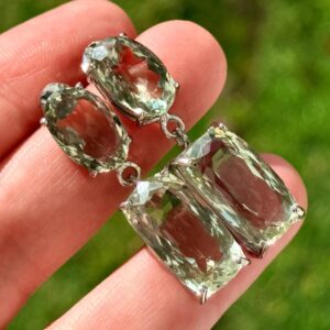 54 Ct Green Amethyst Drop Earrings, 14k White Gold Plate Sterling Silver