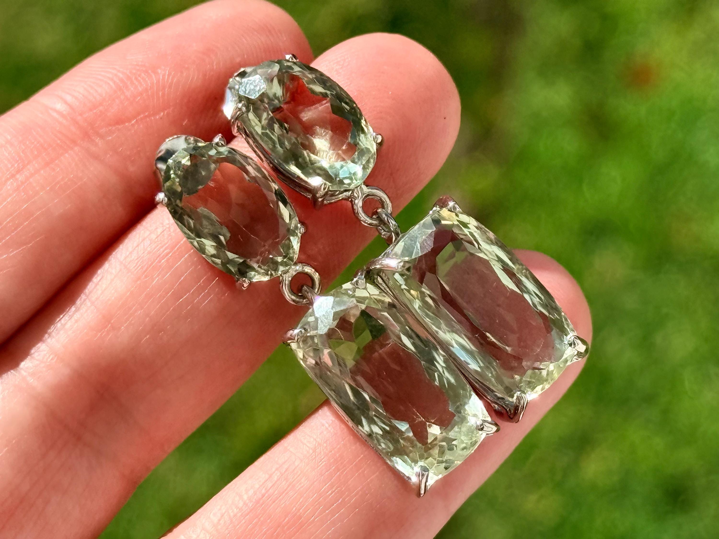 54 Ct Green Amethyst Drop Earrings, 14k White Gold Plate Sterling Silver