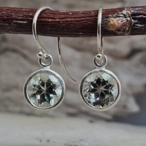 Green Amethyst 8mm bezel set earring dangles french back lever back earrings prasiolite 8mm Green gems sterling silver Green Quartz