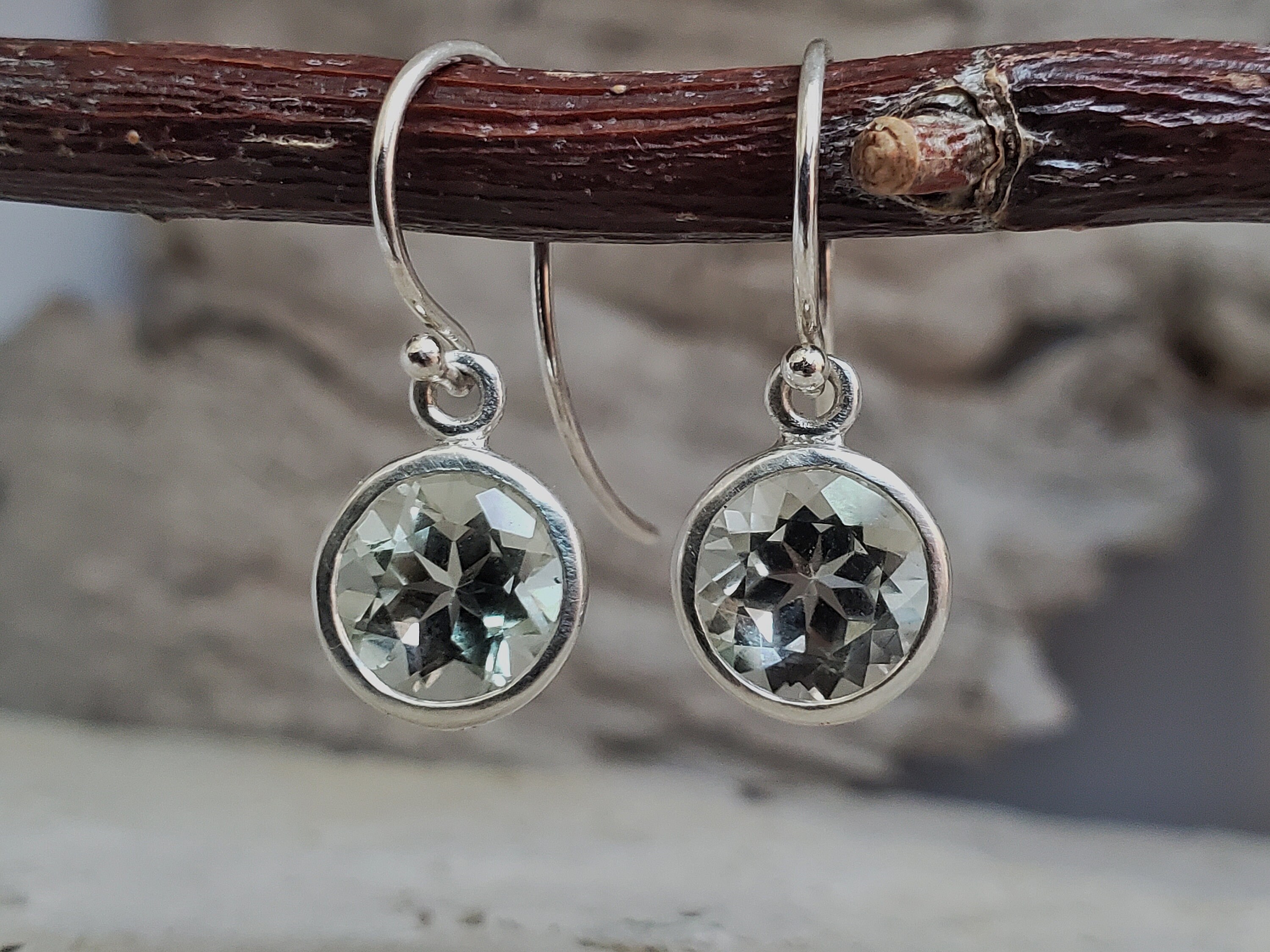 Green Amethyst 8mm Bezel Set Earring Dangles French Back Lever Back Earrings Prasiolite 8mm Green Gems Sterling Silver Green Quartz