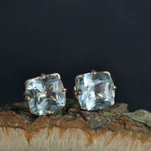 8mm Prasiolite 14k Rose Gold Stud Earrings, 8mm Cushion Cut, Green Amethyst, Soft Green Gemstone, Big Gemstone Studs,