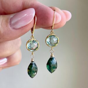 Green Amethyst and Emerald Quartz Earrings, Light and Dark Green Statement Earrings Gold or Silver, Green Jewelry May Birthstone Gift Idea