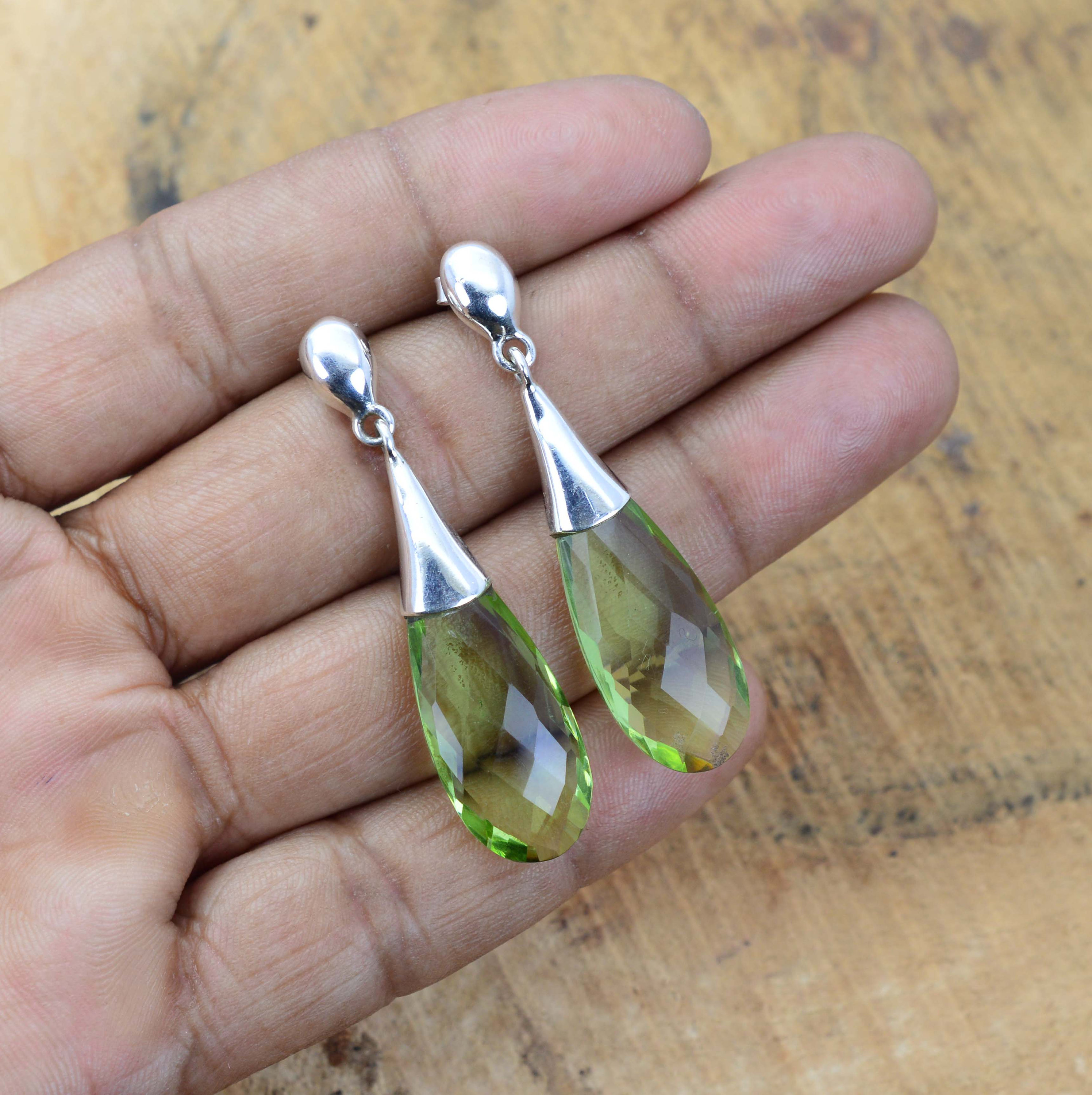 Faceted Green Amethyst Drop Earrings: 925 Sterling Silver Faceted Green Amethyst Drop Earrings: 925 Sterling Silver