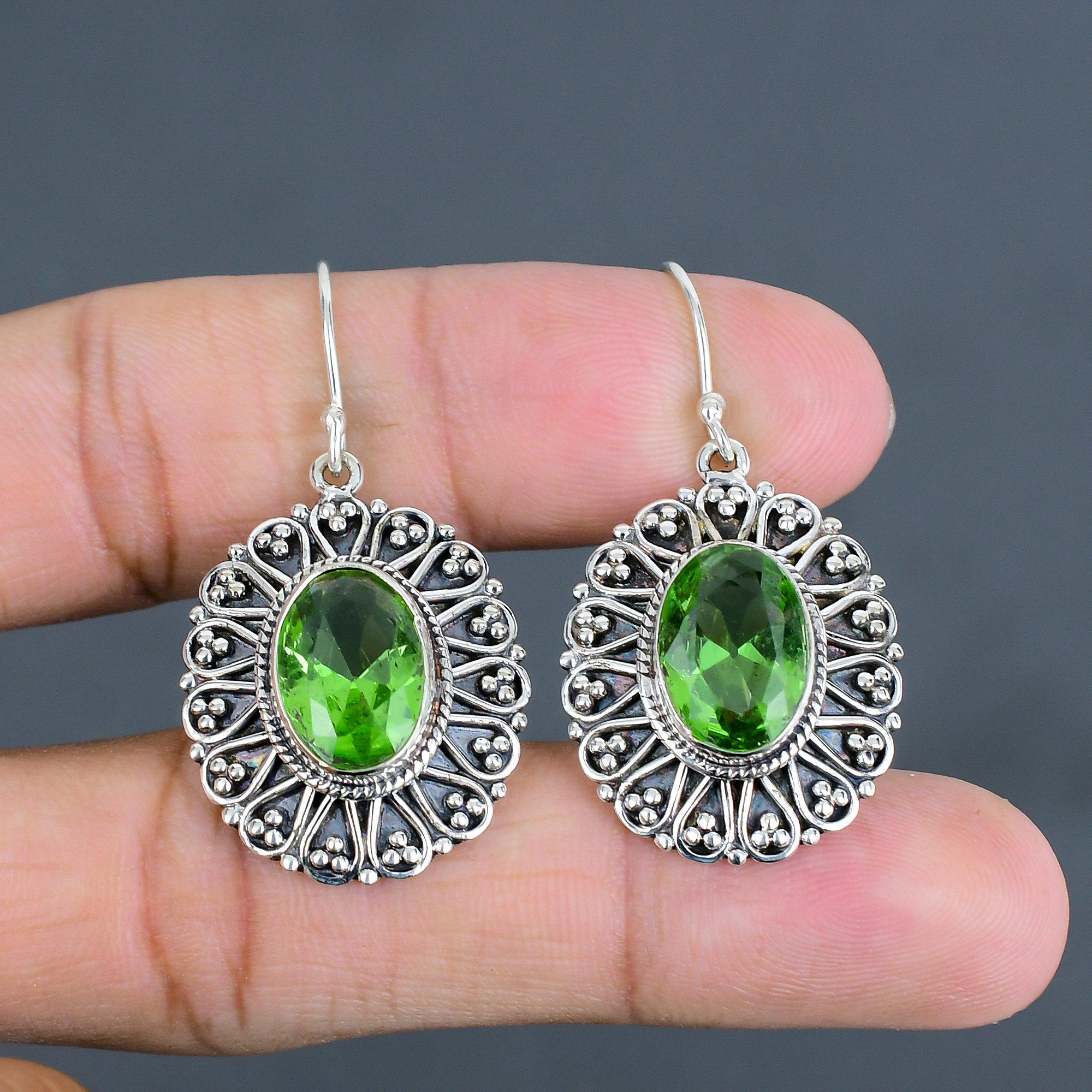 Faceted Green Amethyst Earrings: Handmade 925 Sterling Silver Jewelry