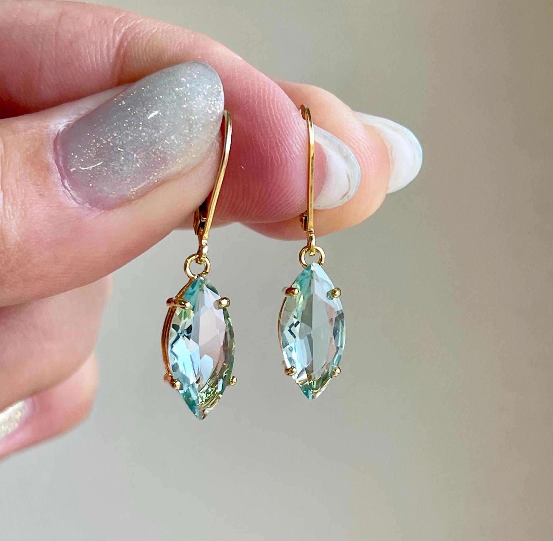 Green Amethyst Earrings, February Birthstone, Mint Marquise Cut Earrings Gold Or Silver, Light Sage Green Sparkly Drops, Mother's Day Gift