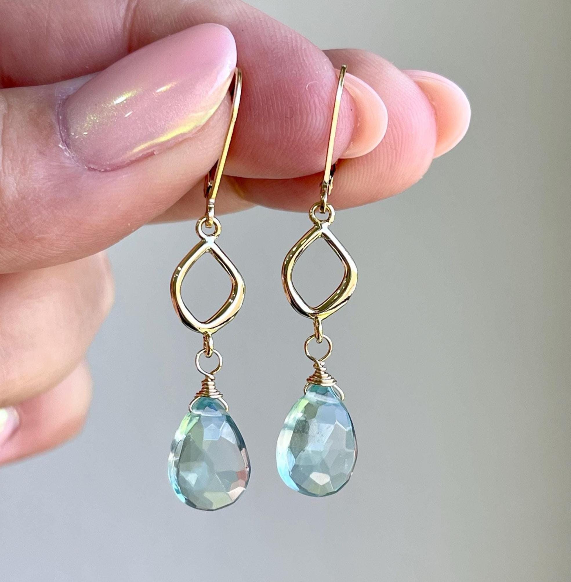 Green Amethyst Earrings, February Birthstone, Mint Green Dangle Earrings Gold Or Silver, Elongated Simple Teardrop Earrings, Cute Mom Gift
