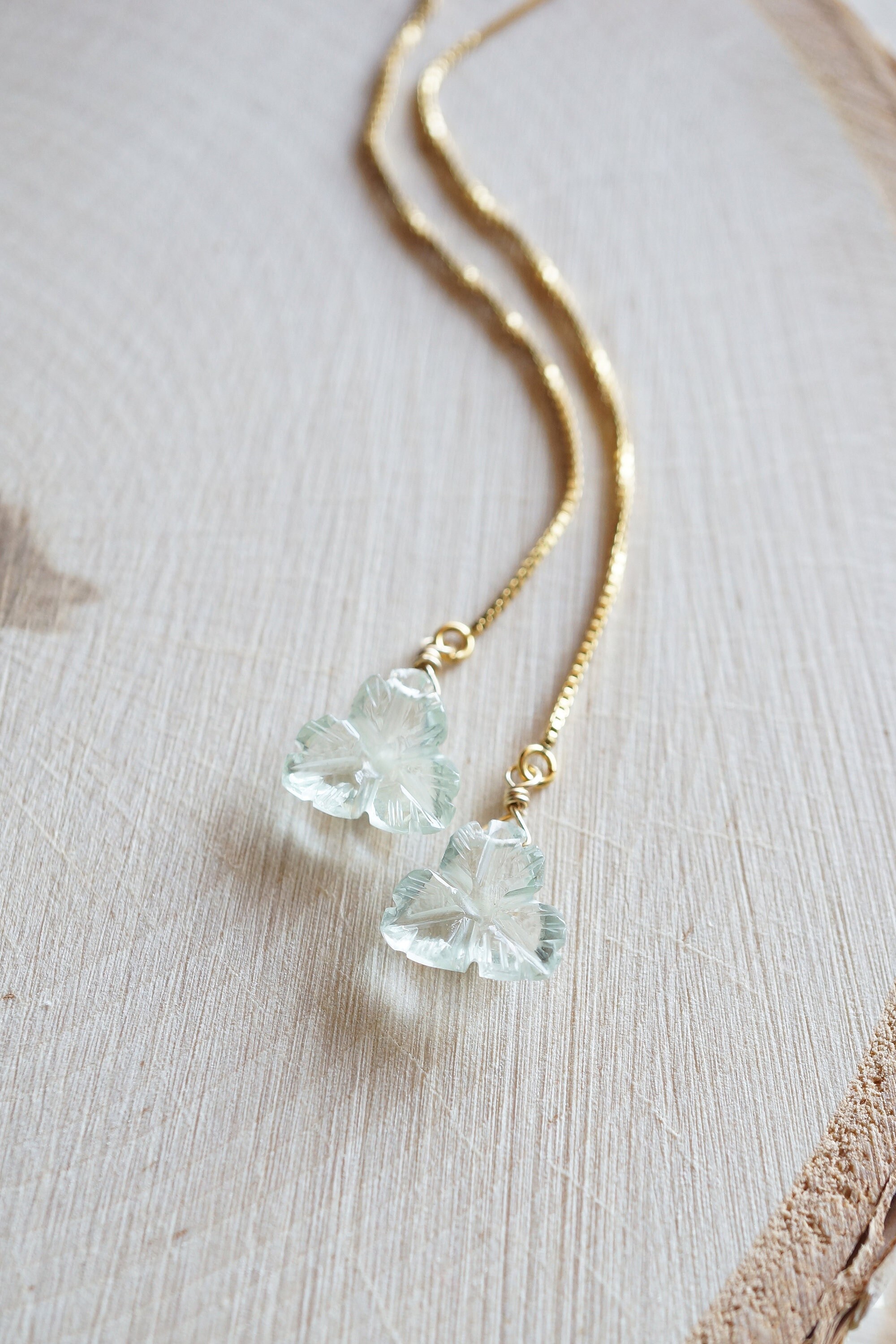 Green Amethyst Flower, Gold Threader Earrings Green Amethyst Flower, Gold Threader Earrings
