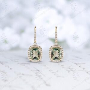 Green Amethyst Earrings For Women Antique Halo Design Wedding Dangle Drop Earrings 925 Sterling Silver Statement Earrings Unique Bridal Drop