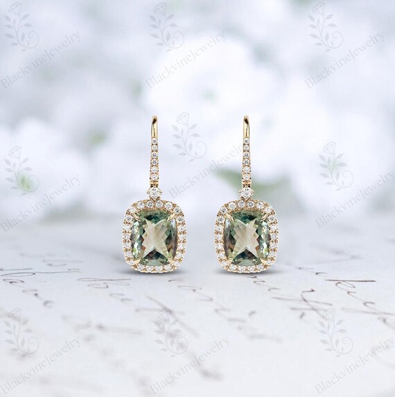 Green Amethyst Earrings For Women Antique Halo Design Wedding Dangle Drop Earrings 925 Sterling Silver Statement Earrings Unique Bridal Drop