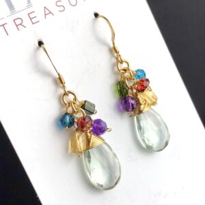 Green Amethyst Earrings Gold Filled wire wrapped natural multi gems bohemian statement cluster dangle drops birthday holiday gift her 7748