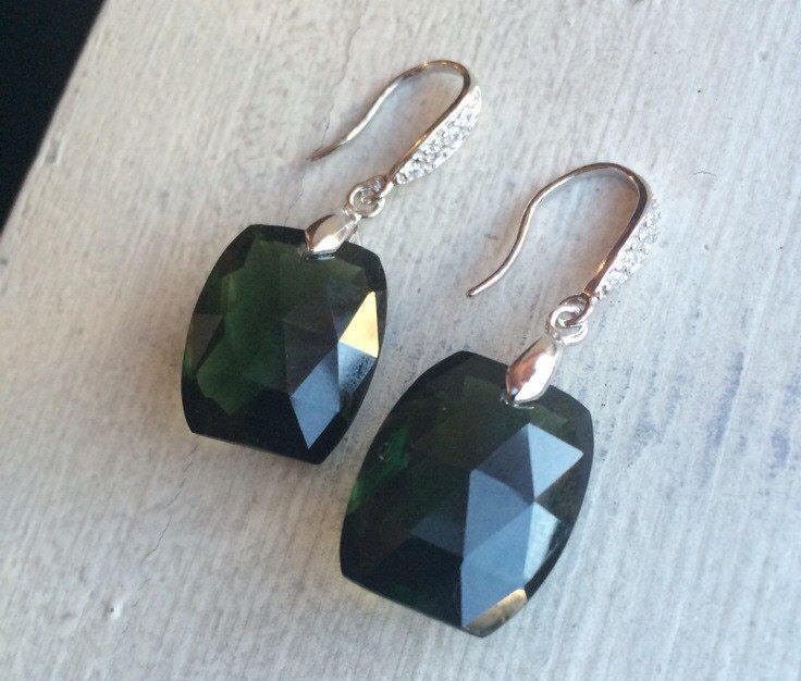 Handmade Green Amethyst Earrings: Sterling Silver Pave Cz Dangles