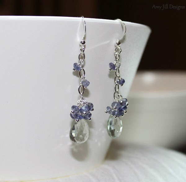Green Amethyst Earrings, Iolite, Sterling Silver, Cluster, Green Amethyst Jewelry, Prasiolite