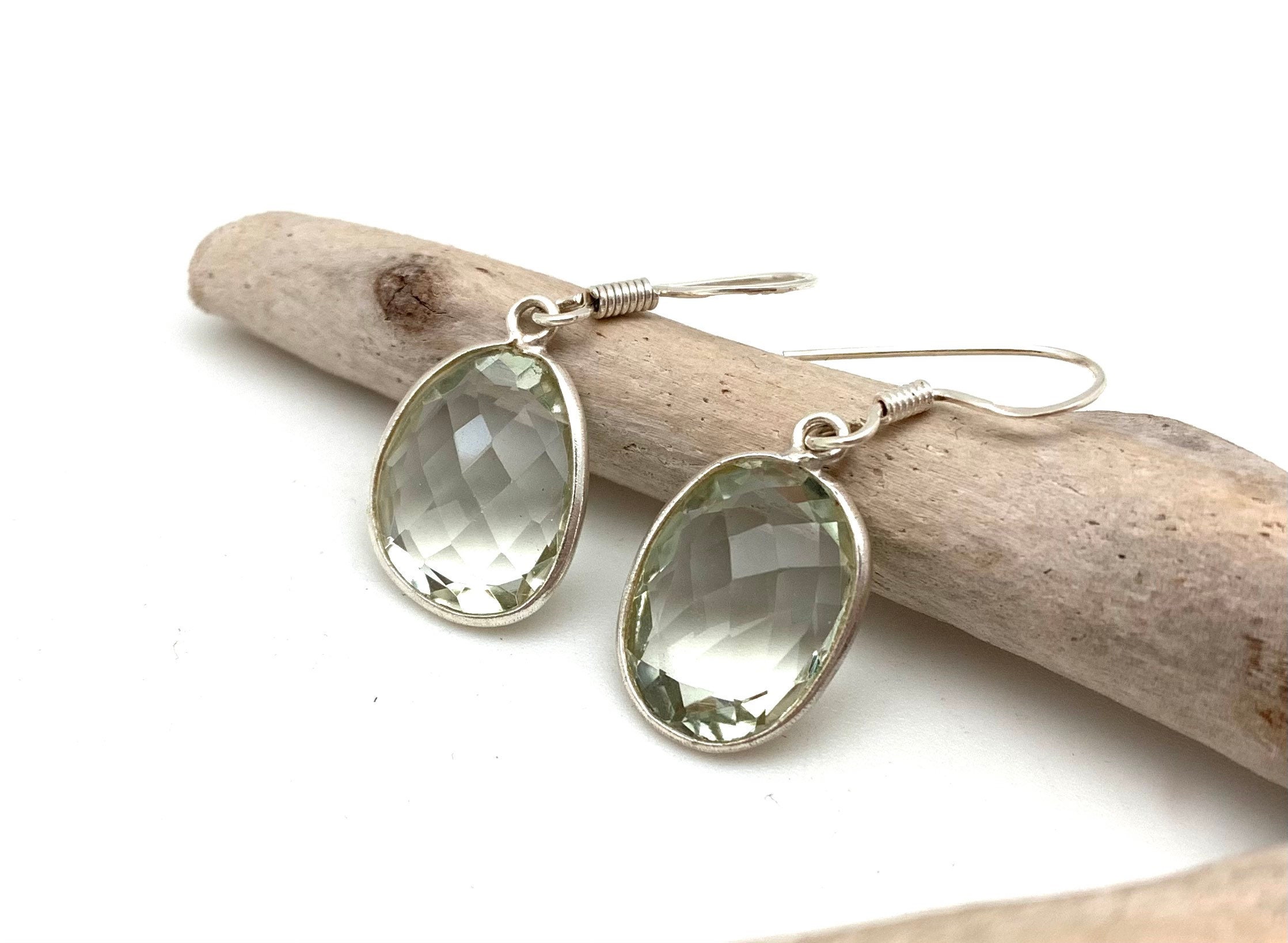 Green Amethyst Earrings, 925 Sterling Silver Bezel Set Green Amethyst Earrings, 925 Sterling Silver Bezel Set