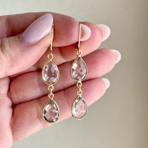 Green Amethyst Long Earrings, Mint Green Double Teardrop Earrings in Gold or Silver, February Birthstone, Sage Summer Jewelry, Gift for her
