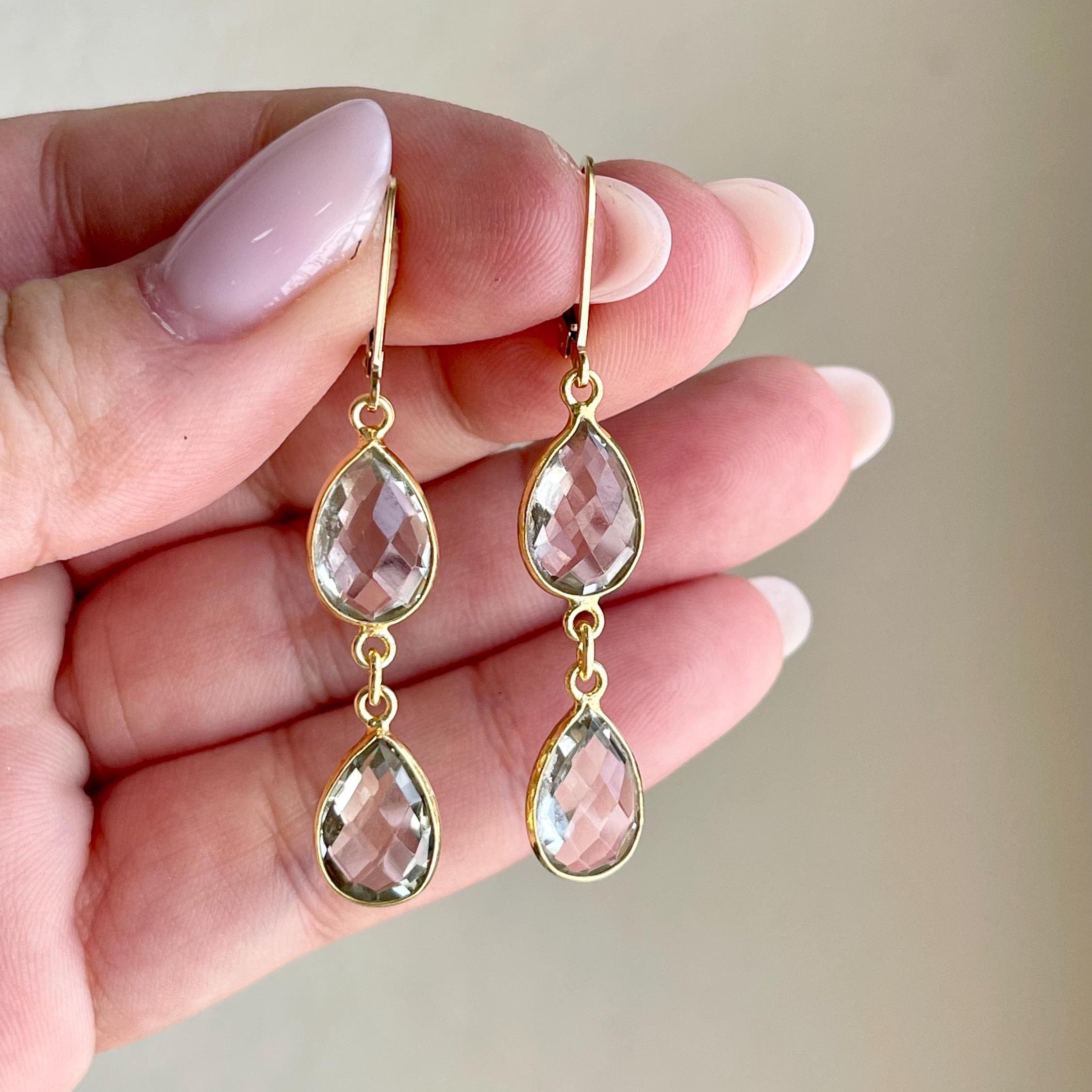 Green Amethyst Long Earrings, Mint Green Double Teardrop Earrings In Gold Or Silver, February Birthstone, Sage Summer Jewelry, Gift For Her