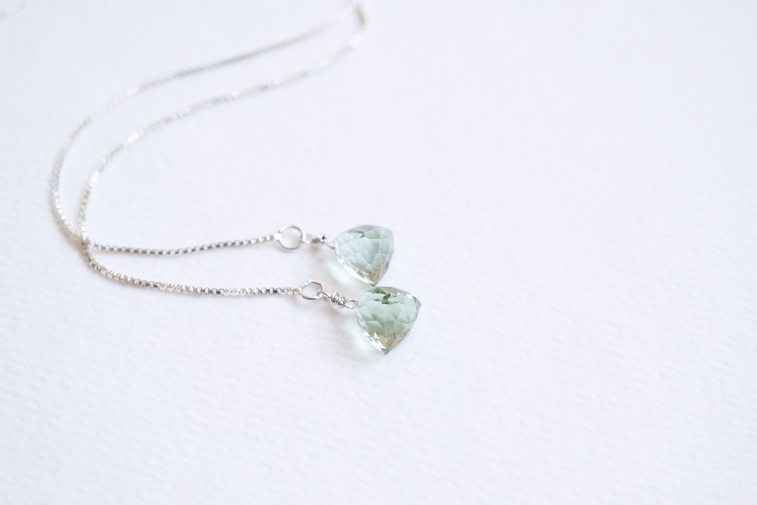 Long Silver, Pyramid Green Amethyst Threader Earrings