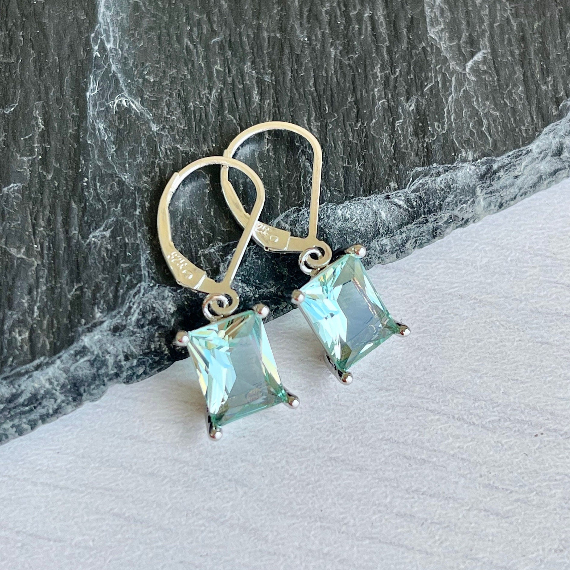 Green Amethyst Earrings, Mint Green Emerald Cut Dangle Drops In Gold Or Silver, February Birthstone, Prasiolite Jewelry, Sage Gift For Her