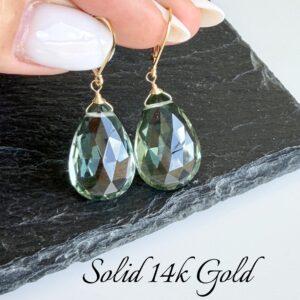 Green Amethyst Earrings, Mint Green Prasiolite Teardrop Earrings in Solid 14k Gold, Sage Real Gold Dangle Drops, Statement Gift for her