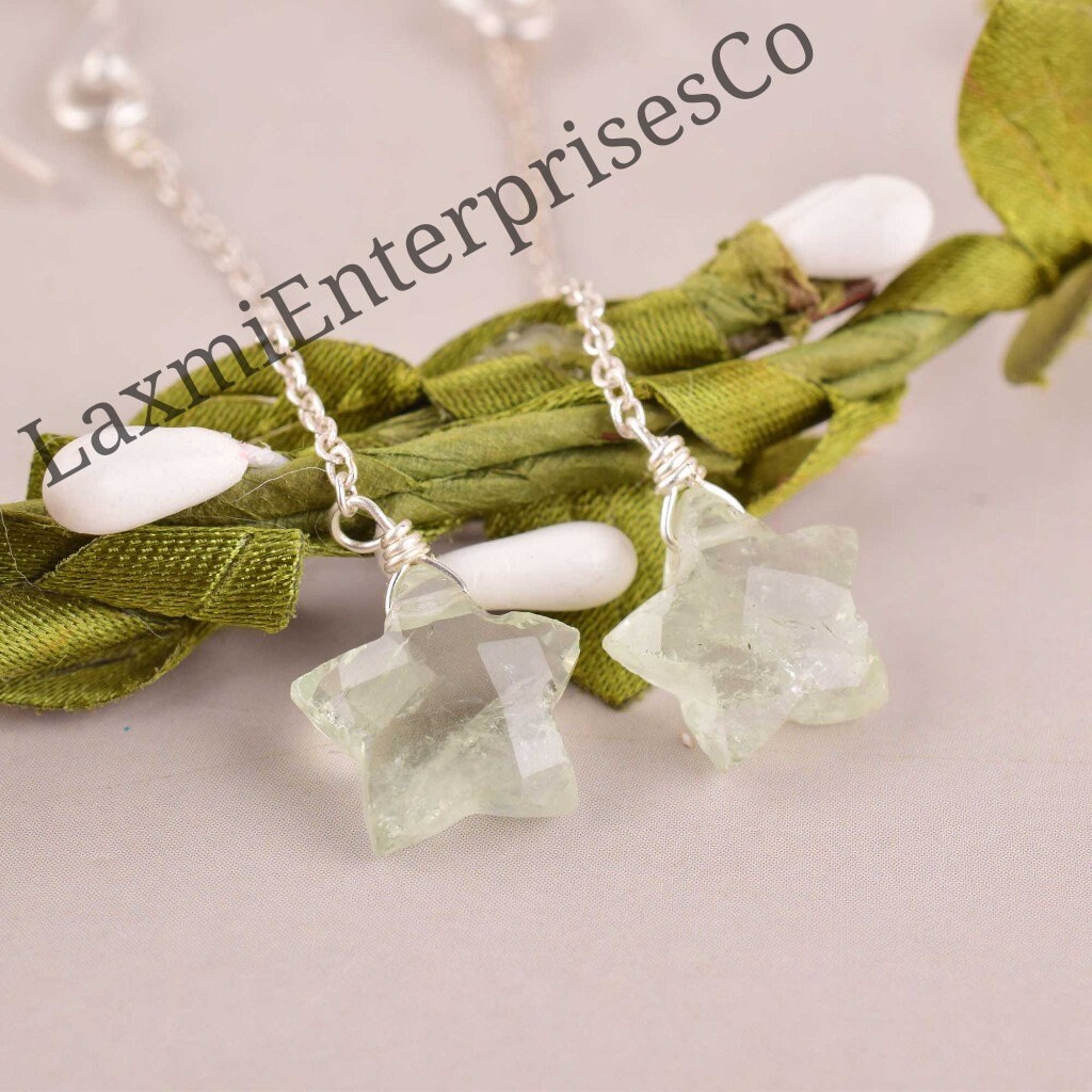 Green Amethyst Star Earrings Sterling Silver, Prasiolite Dangle Earrings, Handmade Hook Earrings, Minimalist Gemstone Jewelry Gift For Her
