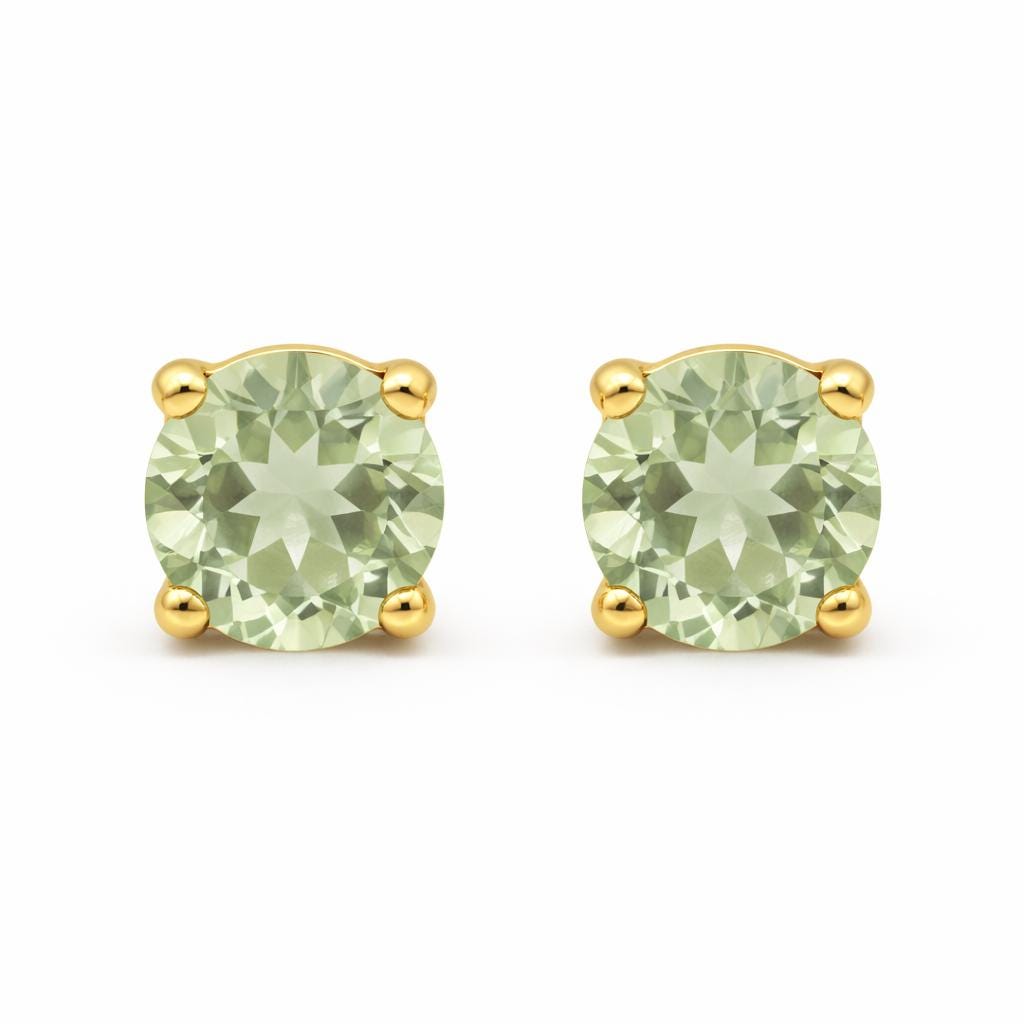 Natural Green Amethyst Sterling Silver Studs – Faceted Round Gemstone Earrings