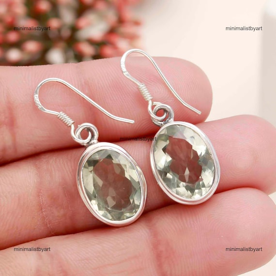 Green Amethyst Earrings, Oval 925 Silver Plated Dangle Earrings