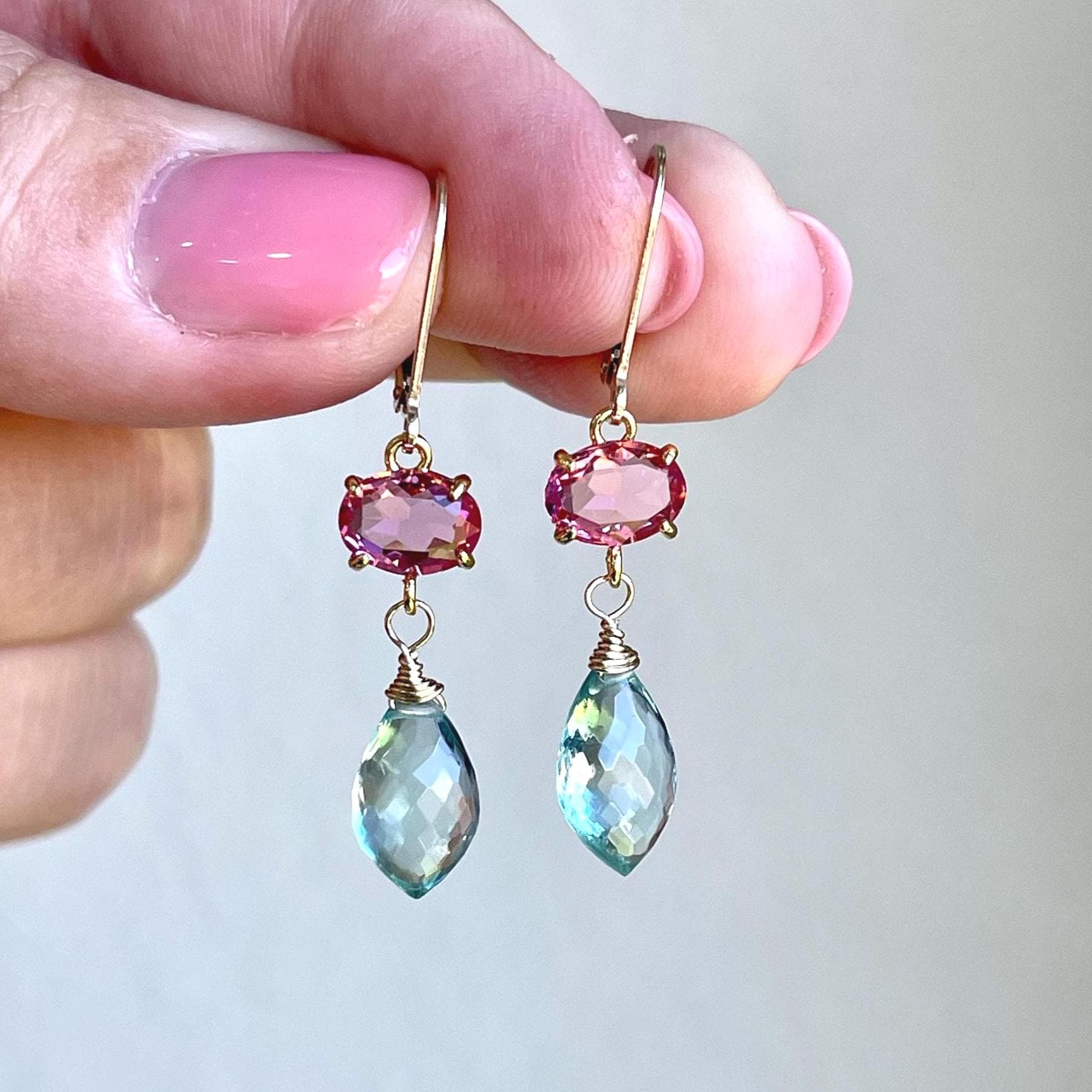Pink Quartz And Green Amethyst Earrings, Fuchsia And Mint Dangle Earrings In Gold, Light Weight Delicate Earrings, Hot Pink Gift For Her Pink Quartz And Green Amethyst Earrings, Fuchsia And Mint Dangle Earrings In Gold, Light Weight Delicate Earrings, Hot Pink Gift For Her