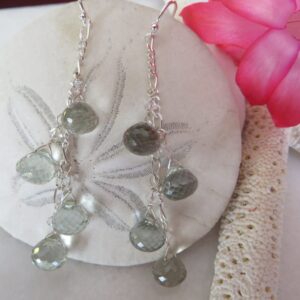 Prasiolite Briolette Sterling Silver Chain Earrings, Green Amethyst