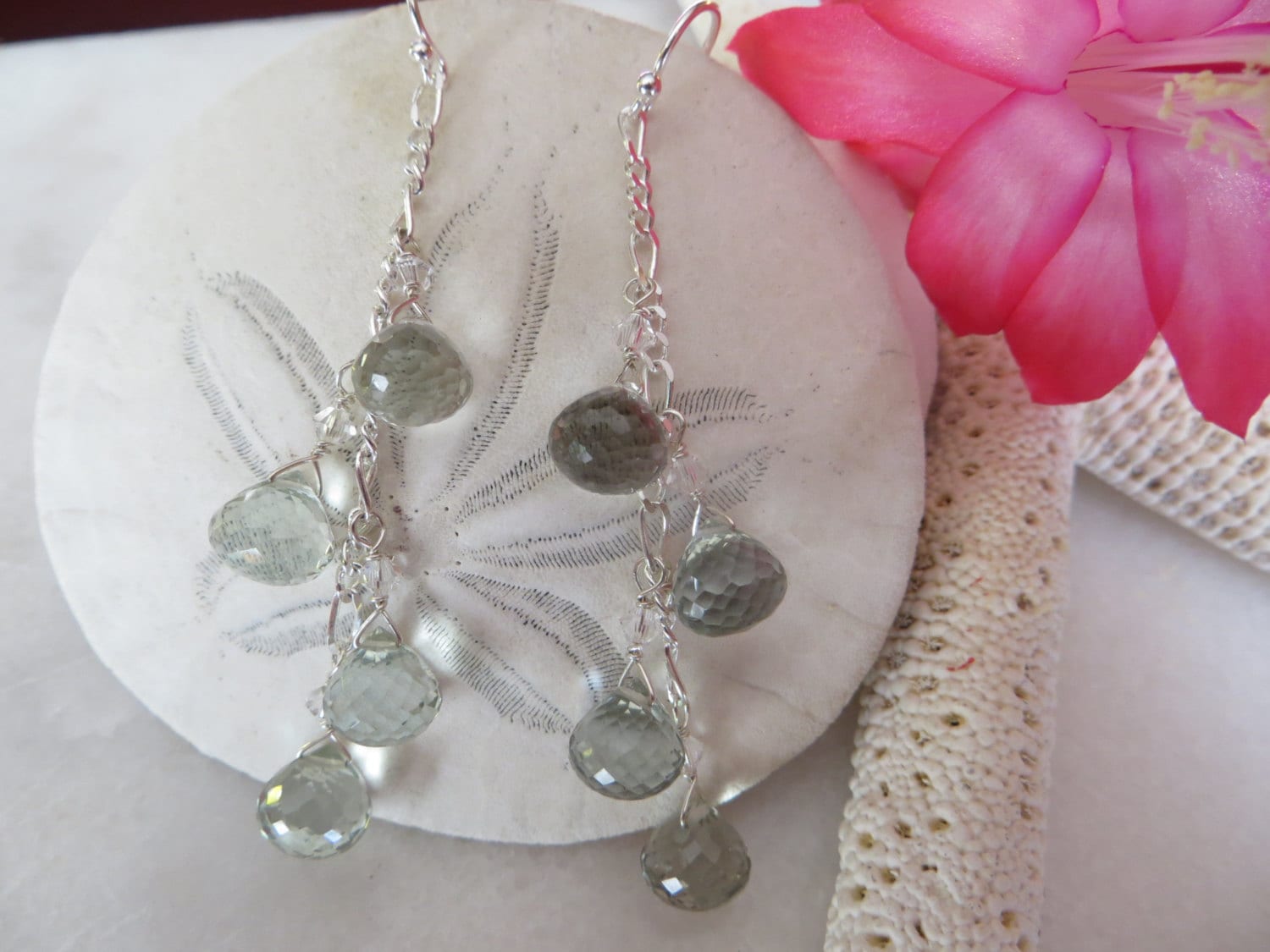 Prasiolite Briolette Sterling Silver Chain Earrings, Green Amethyst