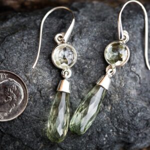Prasiolite Dangle Earrings: Sterling Silver Green Amethyst, Checkerboard Cut