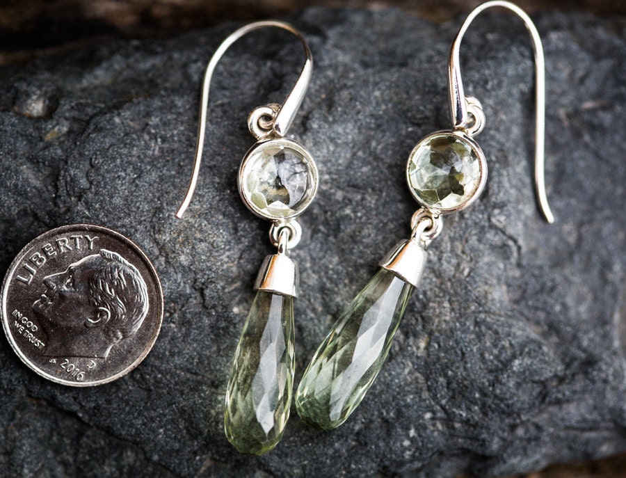 Prasiolite Dangle Earrings: Sterling Silver Green Amethyst, Checkerboard Cut Prasiolite Dangle Earrings: Sterling Silver Green Amethyst, Checkerboard Cut