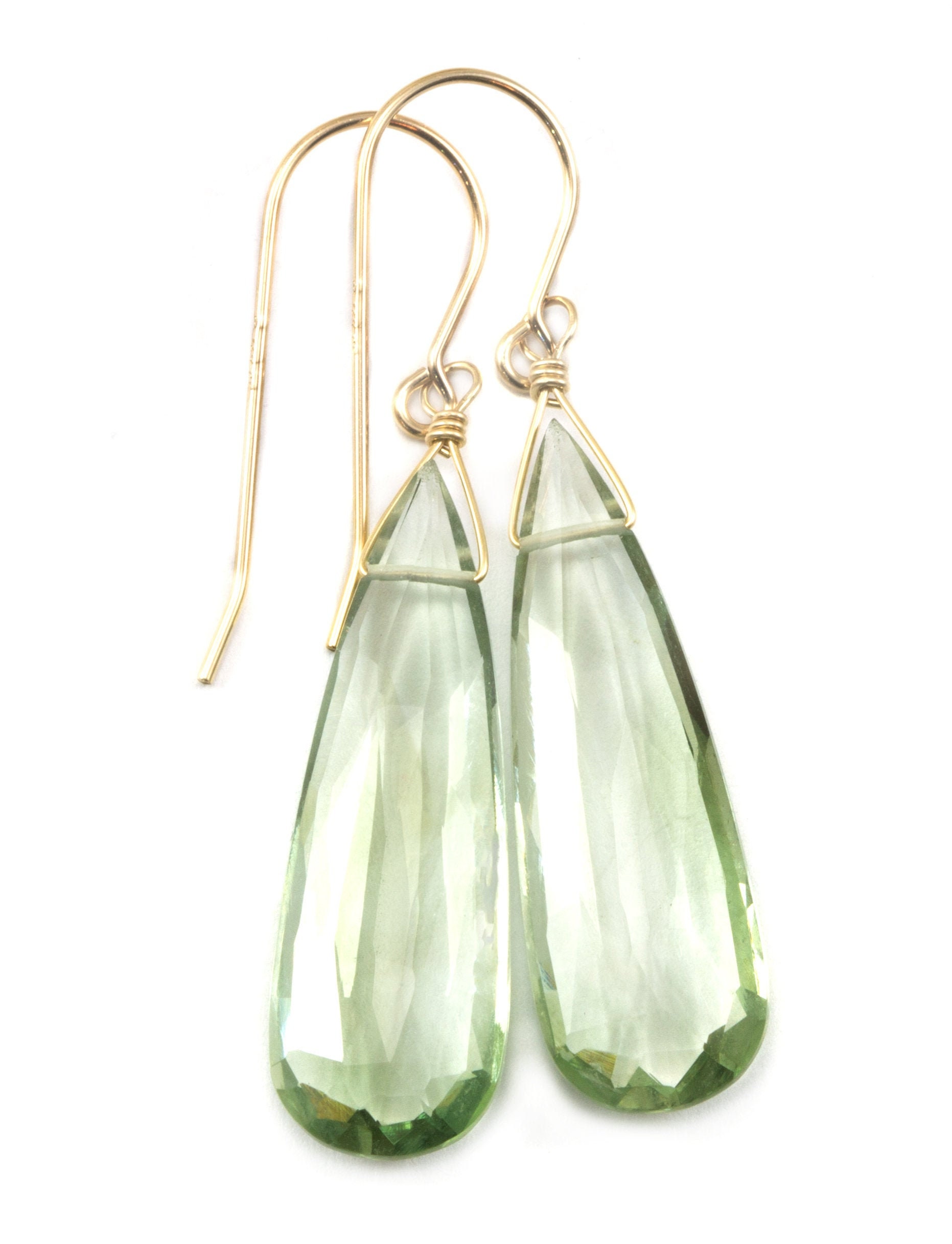 Green Amethyst Earrings Prasiolite Faceted Aaa Pear Teardrop 14k Solid Gold Or Filled Or Sterling Silver Long Drop Classic Briolettes