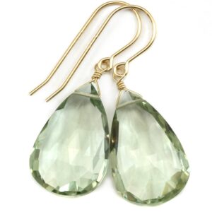 Green Amethyst Earrings Prasiolite Faceted AAA Pear Teardrop 14k Solid Gold or Filled or Sterling Silver Large Fat Drop Classic Briolettes