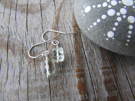 Prasiolite Earrings: Small Faceted Green Amethyst Cube Dangles Prasiolite Earrings: Small Faceted Green Amethyst Cube Dangles