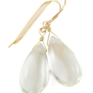Green Amethyst Earrings Prasiolite Smooth Long Pear Teardrop 14k Solid Gold or Filled or Sterling Silver Simply Daily Pale Soft Green Drop