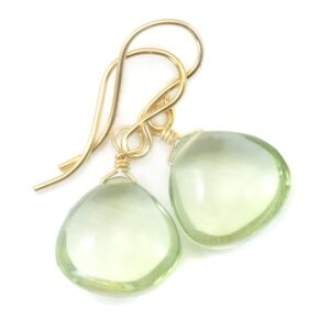 Green Prasiolite Earrings Amethyst Smooth Heart Teardrop Sterling Silver Or 14k Solid Gold Or Filled Simple Daily Dangle Drops Soft Green