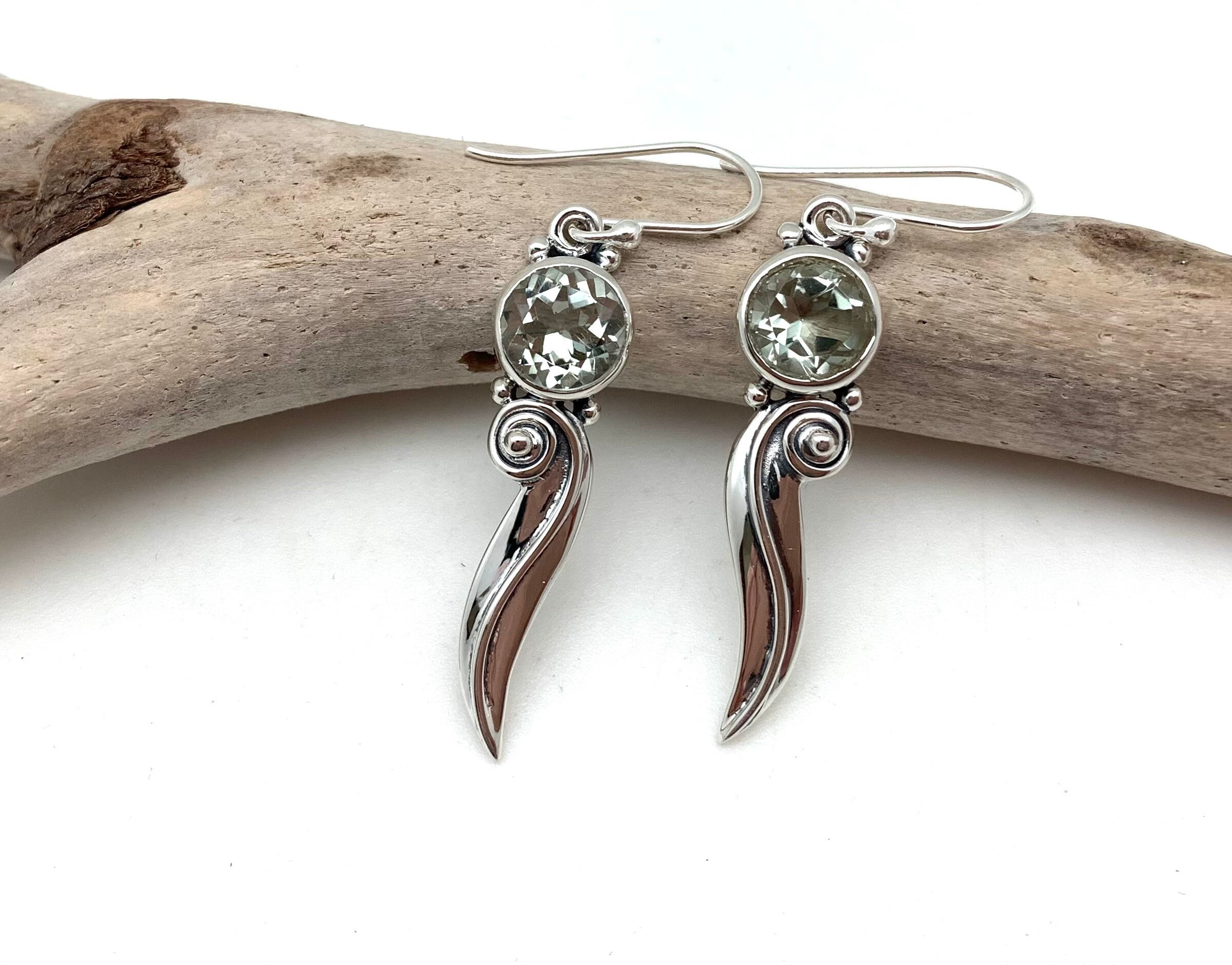Green Amethyst Sterling Silver Earrings - Bali Dangle, 30mm Green Amethyst Sterling Silver Earrings - Bali Dangle, 30mm