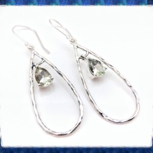 Green Amethyst Silver Earrings - Long Dangly Oval Shape Amethyst Earrings - Sterling Silver