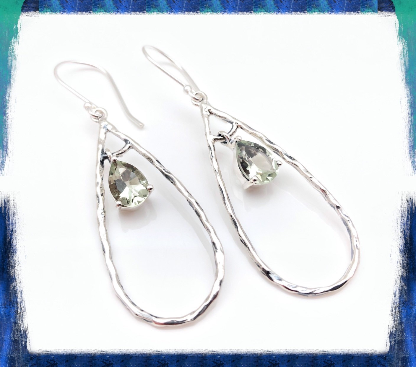 Green Amethyst Silver Earrings - Long Dangly Oval Shape Amethyst Earrings - Sterling Silver