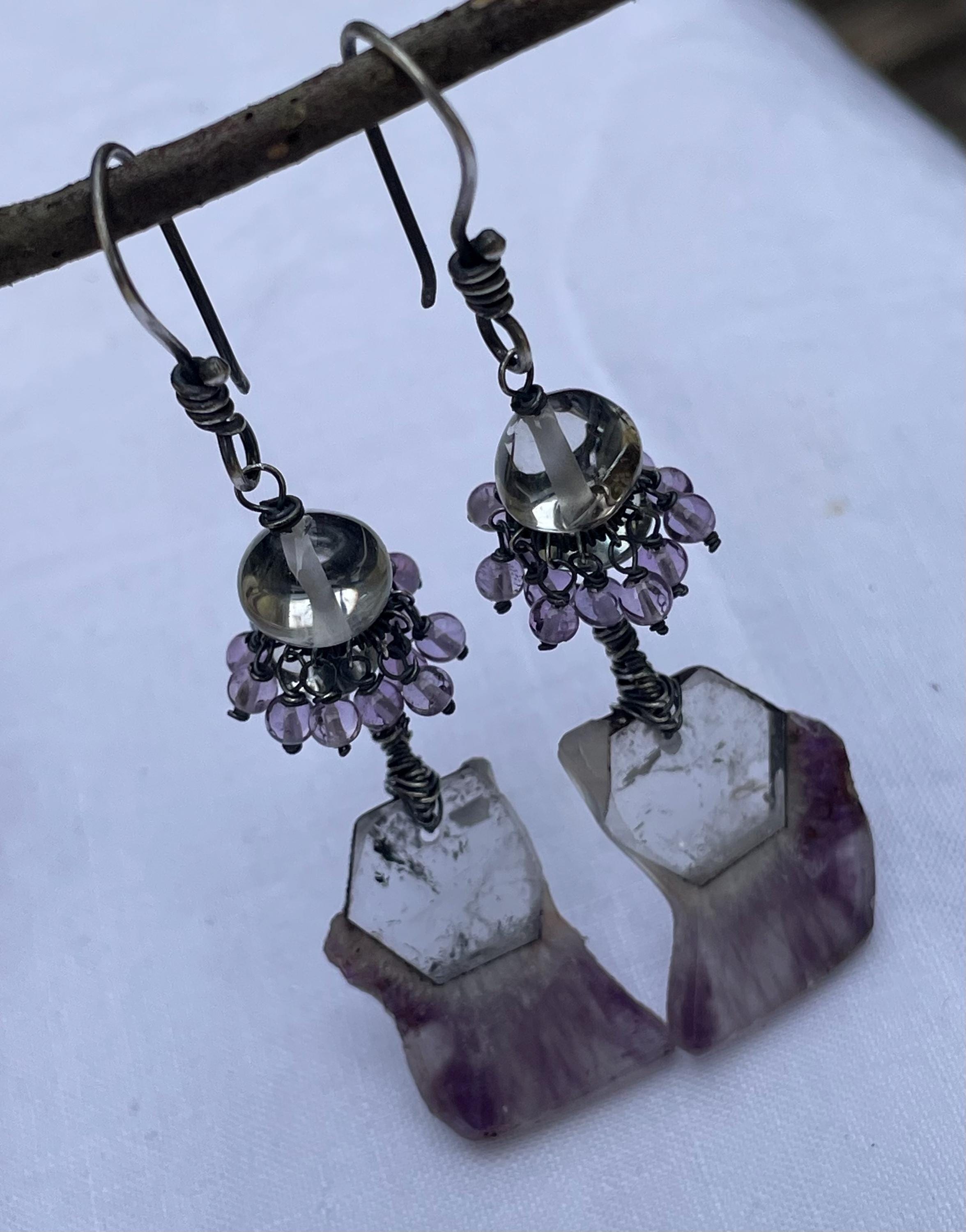 Amethyst Slab, Green Amethyst,sterling Silver Tassel Earrings