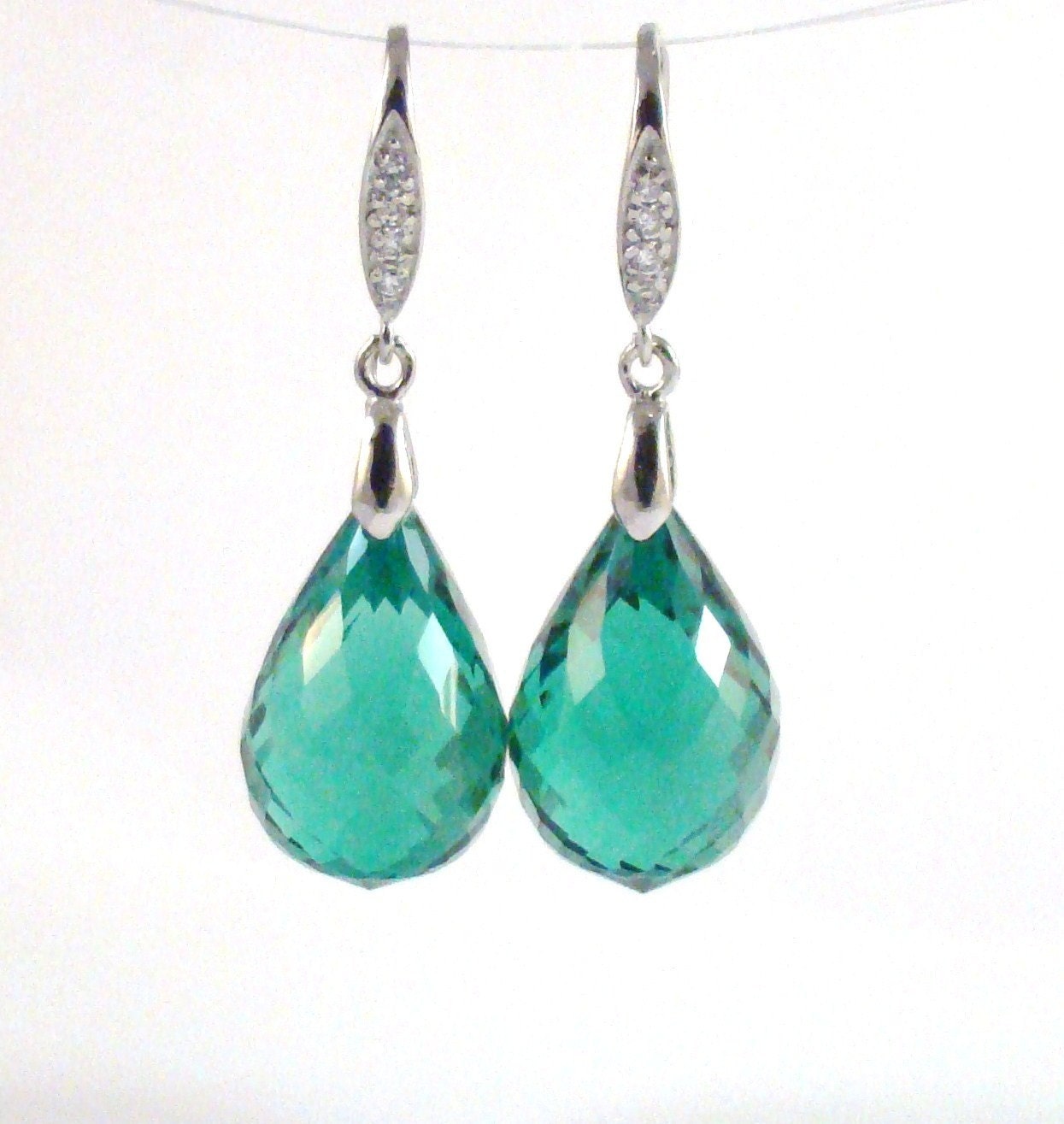 Green Amethyst Sterling Silver Dangle Earrings: Cz Pave, Luxury Jewelry